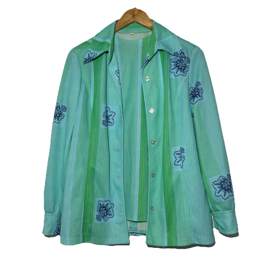 VINTAGE 70’s ALEX GARAY 2- Piece Blouse Set Polyester Blue Green Stripe Size 16